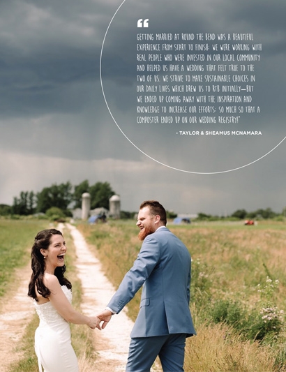 newlyweds walking in a storm with quote