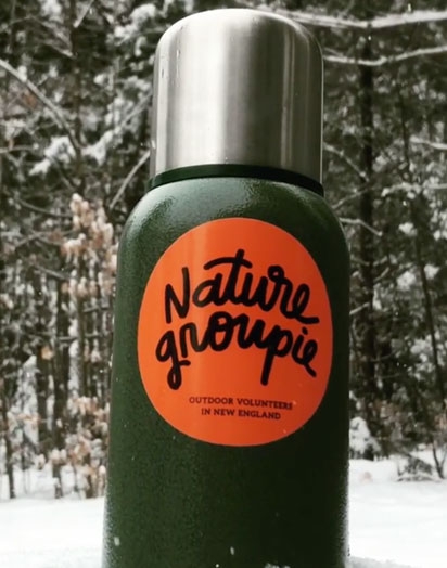 Nature Groupie sticker on water bottle in the snow