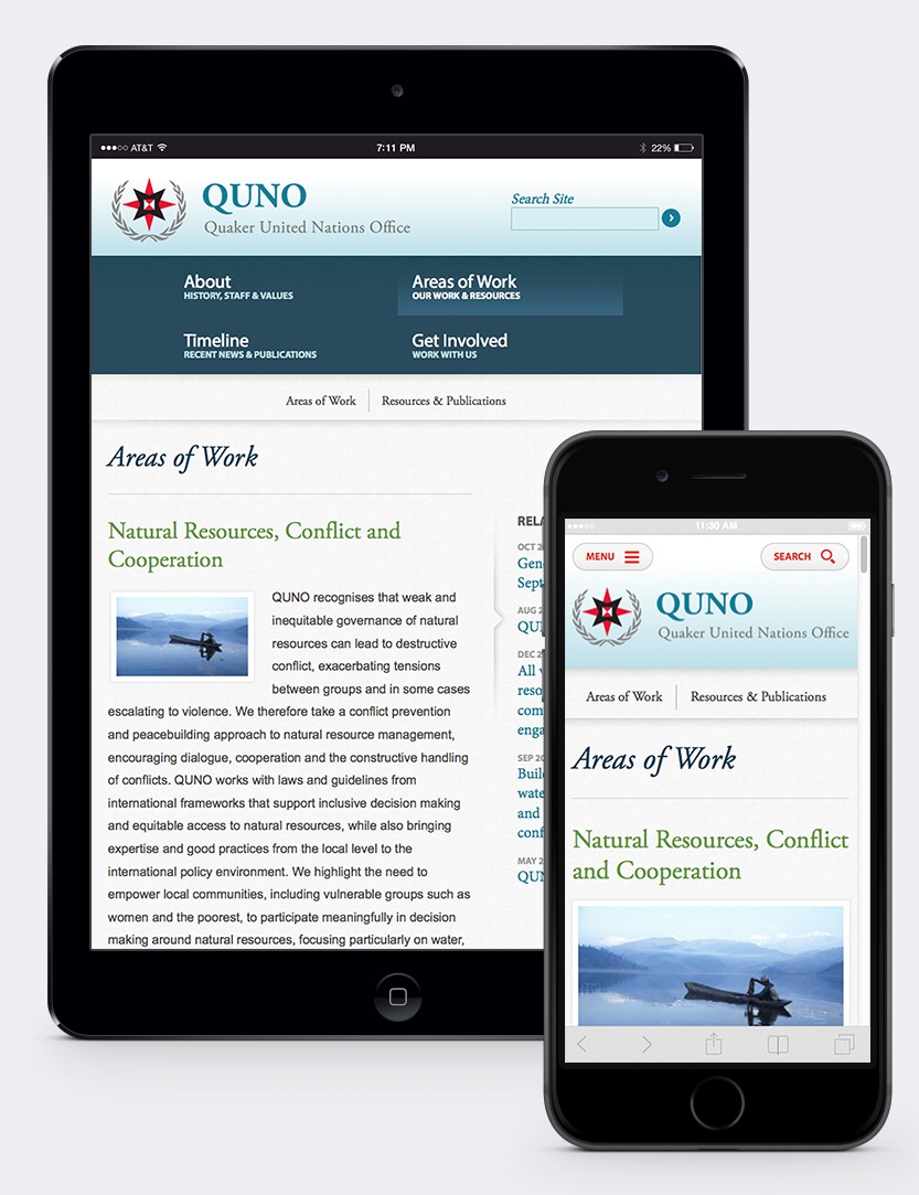 QUNO Areas of Work inner page shown on iPad and iPhone